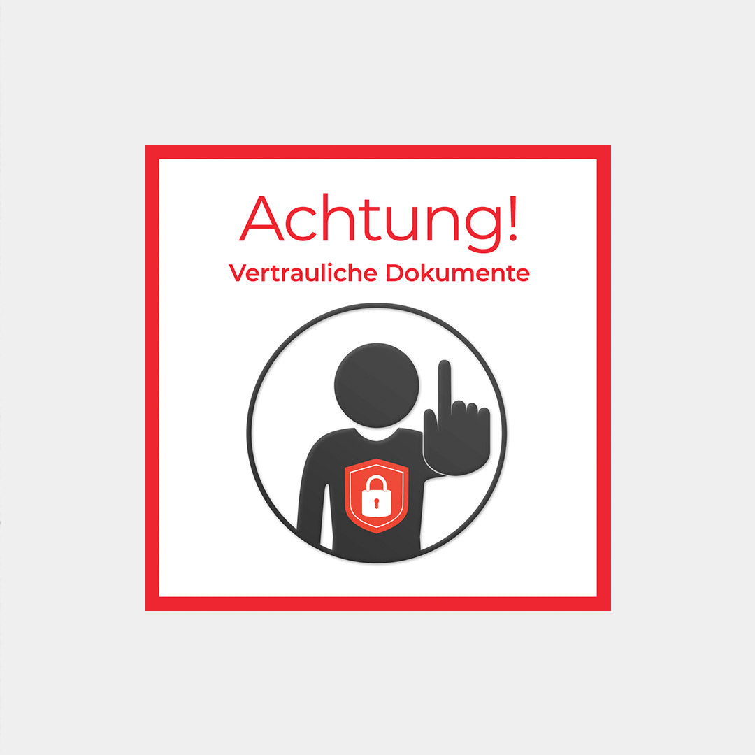 Aufkleber, der eine Person mit erhobenem Finger zeigt, die ein Schild mit Datenschutzzeichen und Schlosssymbol trägt. Oben: "Achtung! Vertrauliche Dokumente und sensible Daten." Produkt: Vertrauliche Daten (Aufkleber) von Wiemer / Arndt Datenschutz. Schulungen und Handouts für Mitarbeiter