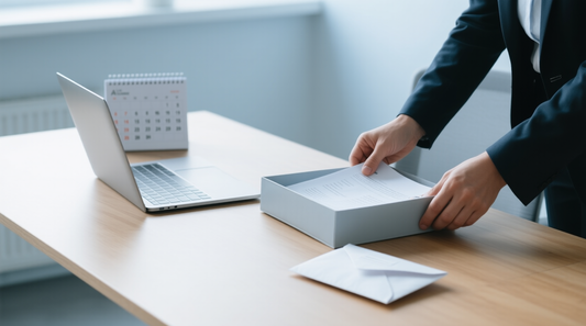 Person legt Unterlagen in eine Ablagebox, daneben Laptop, Tischkalender und Briefumschlag
