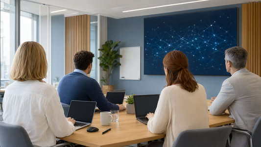 Mitarbeitende von hinten in einer KI-Schulung vor einem Bildschirm mit abstrakter Netzwerkgrafik