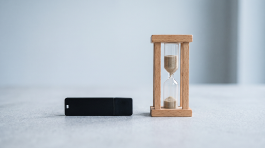 Schwarzer USB-Stick liegt links auf einem hellgrauen Tisch, rechts steht eine kleine Sanduhr aus Holz.