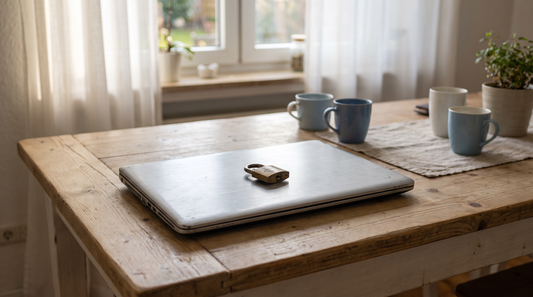 Zugeklappter Laptop auf einem Holztisch, darauf ein Vorhängeschloss aus Messing, daneben Tassen, im Hintergrund ein Fenster