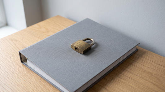 Geschlossenes Messing-Vorhängeschloss liegt flach auf einem grauen Leinenbuch auf einem hellen Holztisch