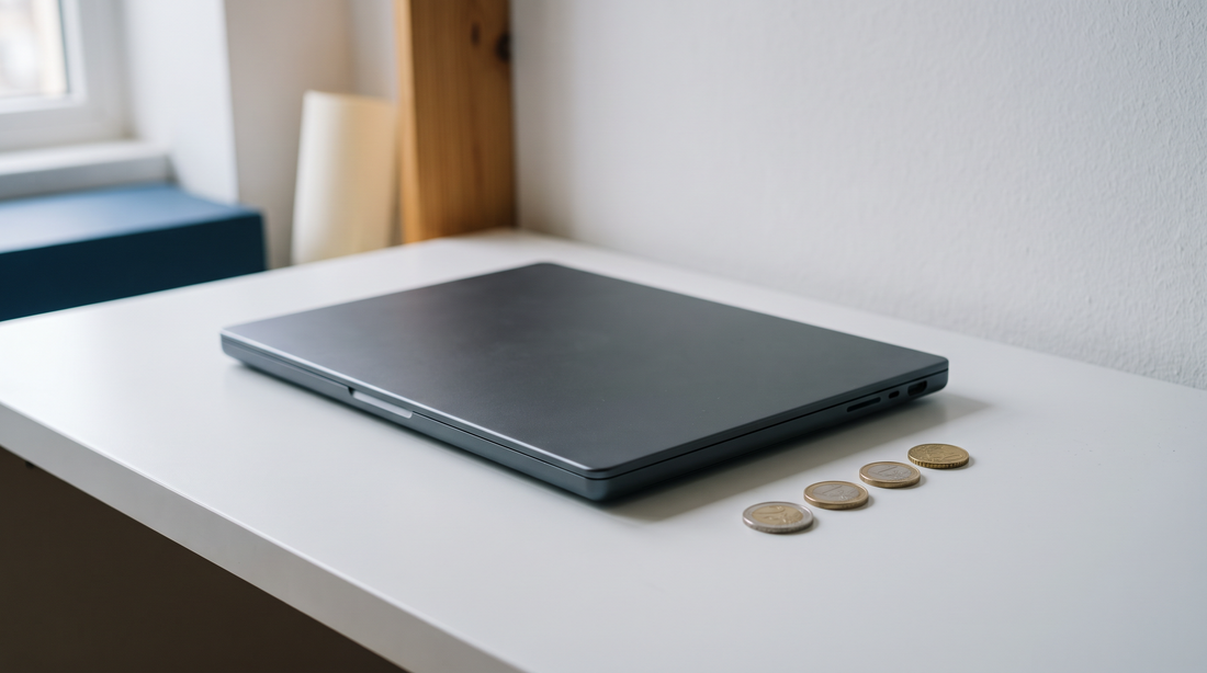 Geschlossener grauer Laptop auf einem weißen Schreibtisch, daneben vier flach liegende Euro-Münzen