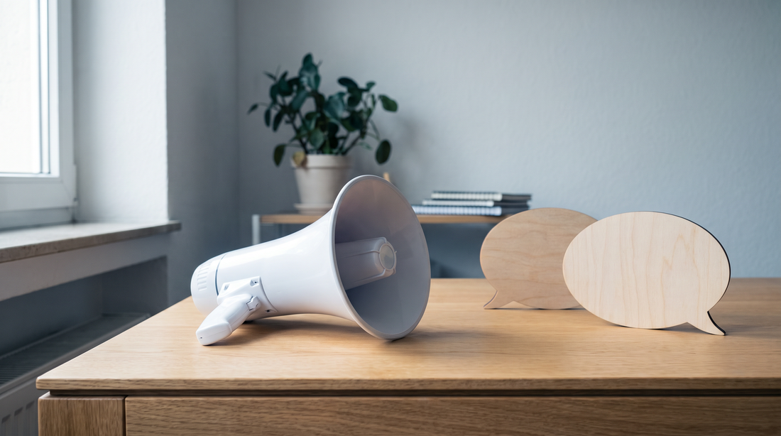 Weißes Megafon auf einem Holztisch, dahinter zwei Sprechblasen aus Holz