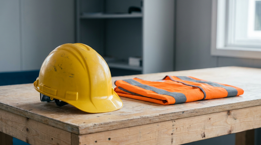 Gelber Schutzhelm und zusammengefaltete orange Warnweste mit Reflexstreifen auf einer Holzwerkbank