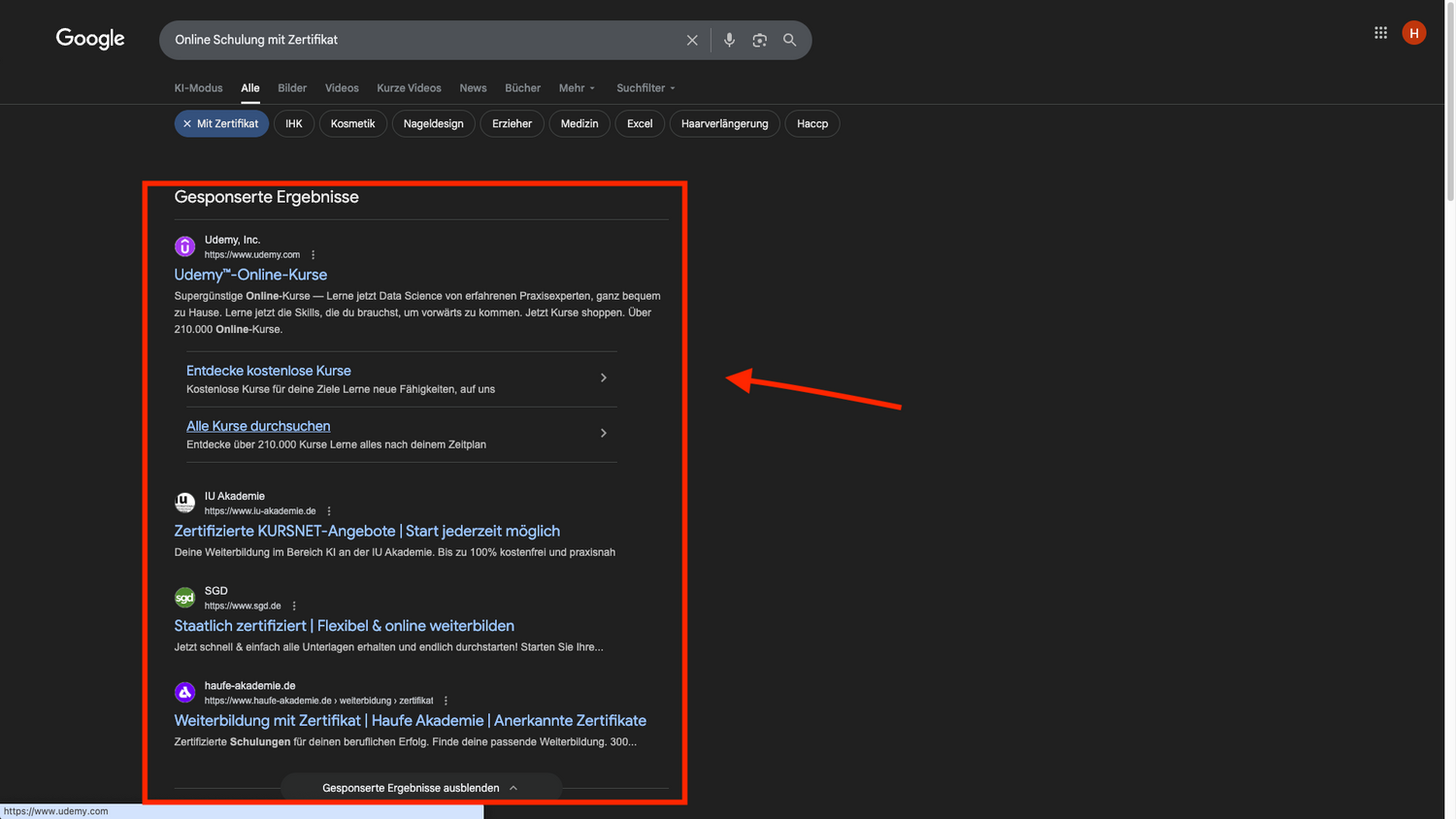 Eine Google-Suchseite für Online-Schulung mit Zertifikat zeigt gesponserte Ergebnisse für digitale Lernkurse und Zertifizierungen an. Ein orangefarbener Pfeil markiert den Abschnitt, der diese Anzeigen enthält. Schulungen und Handouts für Mitarbeiter