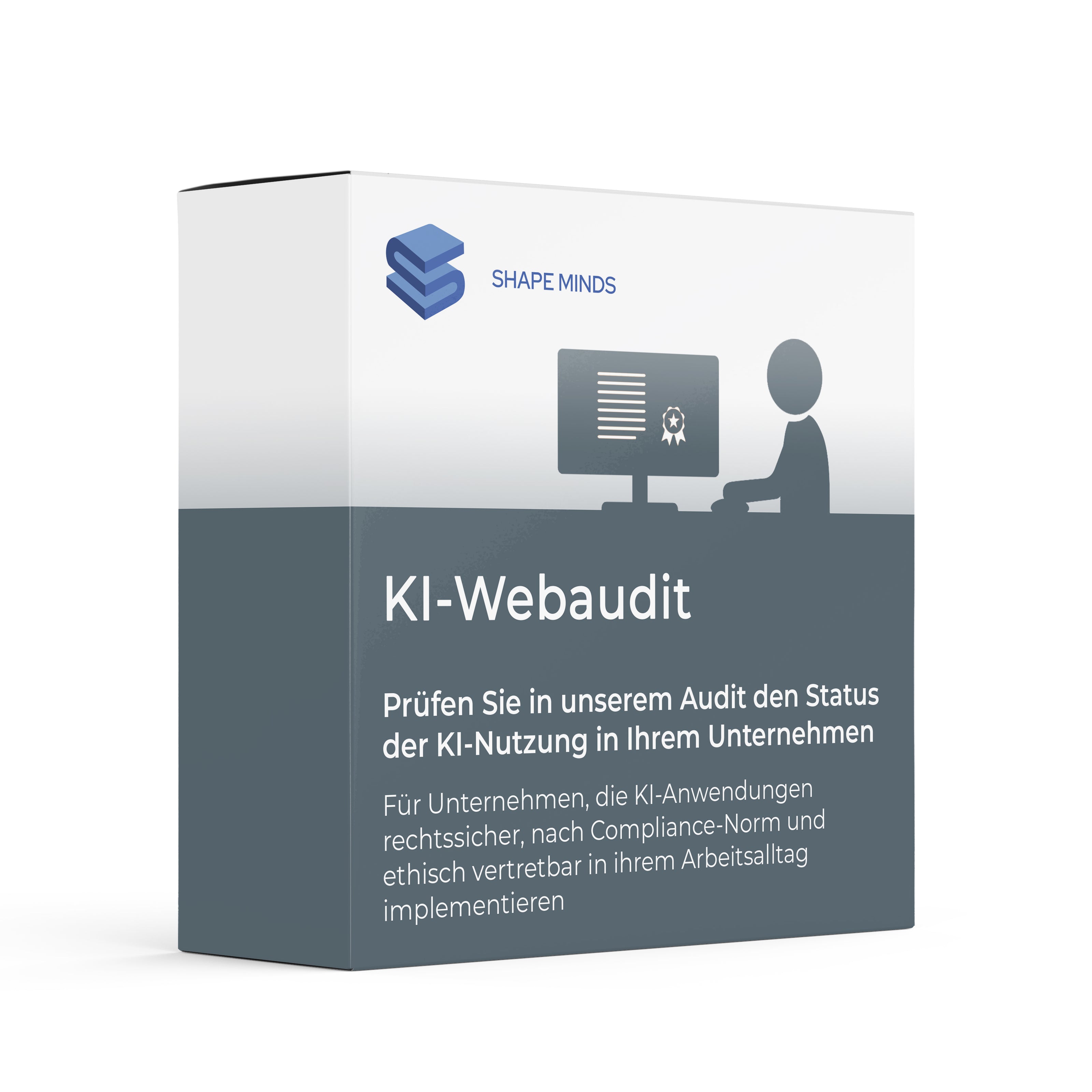 Eine Produktbox mit der Aufschrift KI-Audit von WIEMER / ARNDT Datenschutz, mit dem Symbol einer Person an einem Schreibtisch mit einem Zertifikat und einem deutschen Text über KI-Audit für ethische KI-Implementierung und die Einhaltung des EU-KI-Gesetzes in Unternehmen. Schulungen und Handouts für Mitarbeiter