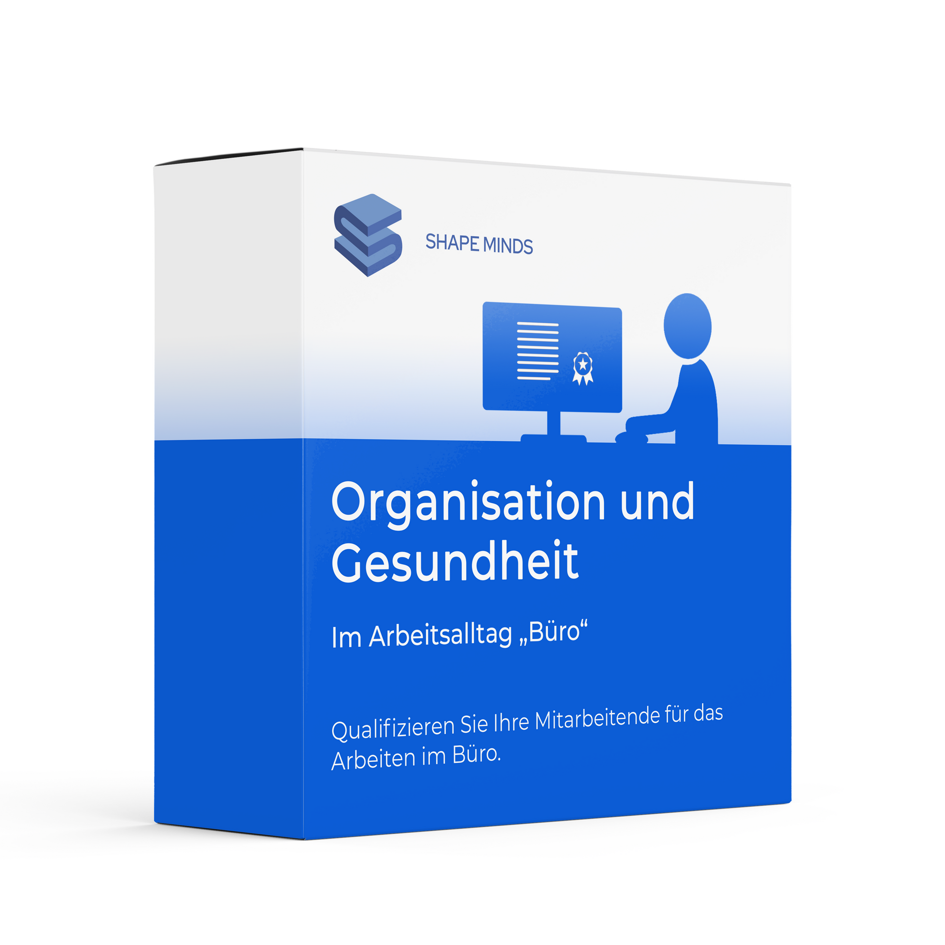 Die Box für Testversion - Organisation und Gesundheit im Arbeitsalltag Büro von ShapeMinds zeigt eine Person am Schreibtisch mit ergonomischem Arbeitsplatz-Symbol auf blau-weißem Hintergrund - ideal für Online-Schulungen zu gesundem Arbeiten im Büro. Schulungen und Handouts für Mitarbeiter