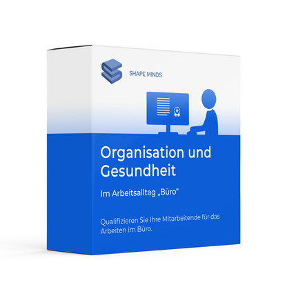 Die Box für Testversion - Organisation und Gesundheit im Arbeitsalltag Büro von ShapeMinds zeigt eine Person am Schreibtisch mit ergonomischem Arbeitsplatz-Symbol auf blau-weißem Hintergrund - ideal für Online-Schulungen zu gesundem Arbeiten im Büro. Schulungen und Handouts für Mitarbeiter